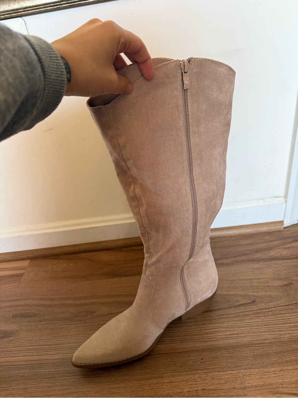 Tucker Beige Faux Suede Knee High Tassle Detail Western Boots - Picture 9 of 11